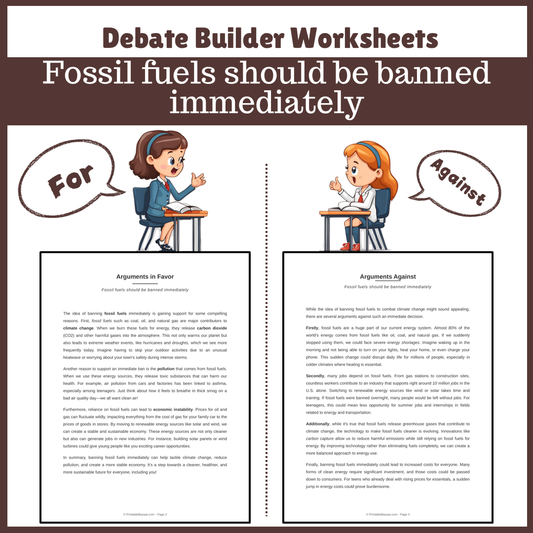 Fossil fuels should be banned immediately | Favour and Against Worksheet Printable Activity