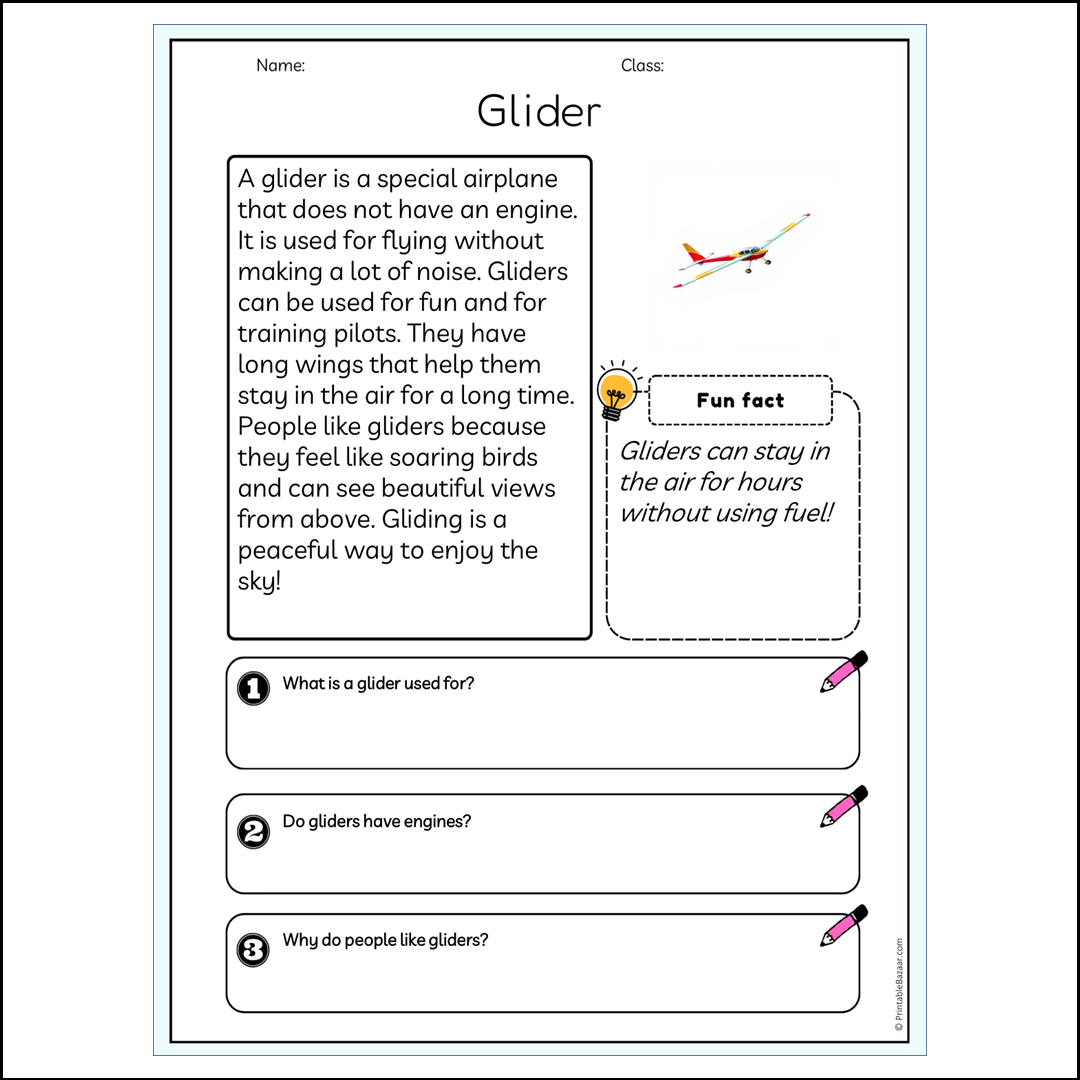 Glider | Reading Passage Comprehension Questions Writing Facts Worksheet