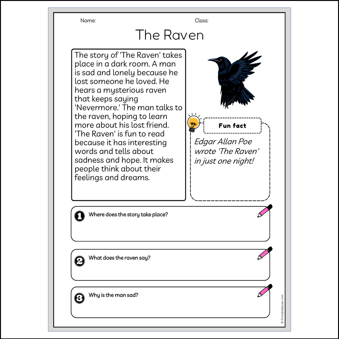 The Raven | Reading Passage Comprehension Questions Writing Facts Worksheet