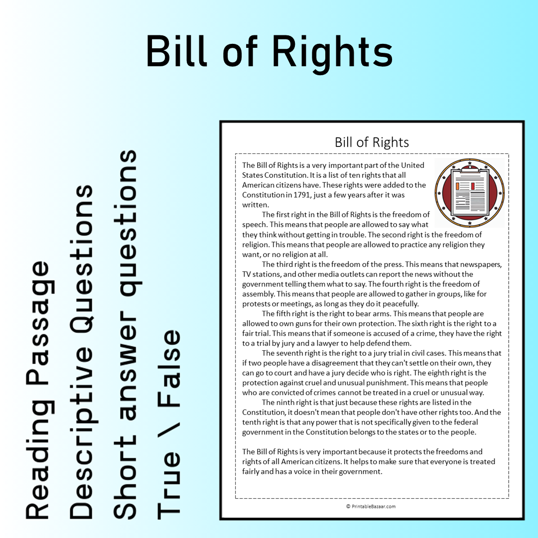Bill of Rights | Reading Comprehension Passage Printable Worksheet