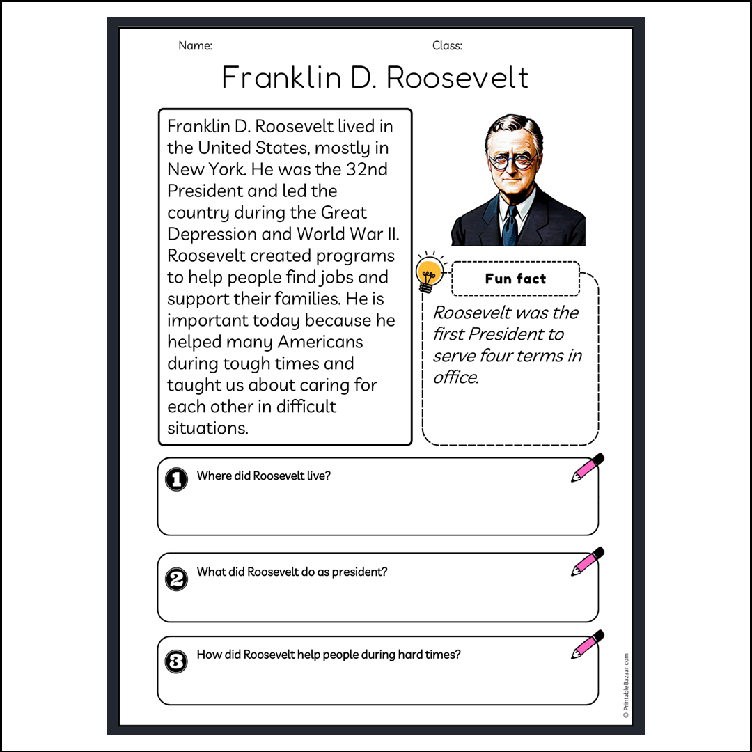 Franklin D. Roosevelt | Reading Passage Comprehension Questions Writing Facts Worksheet