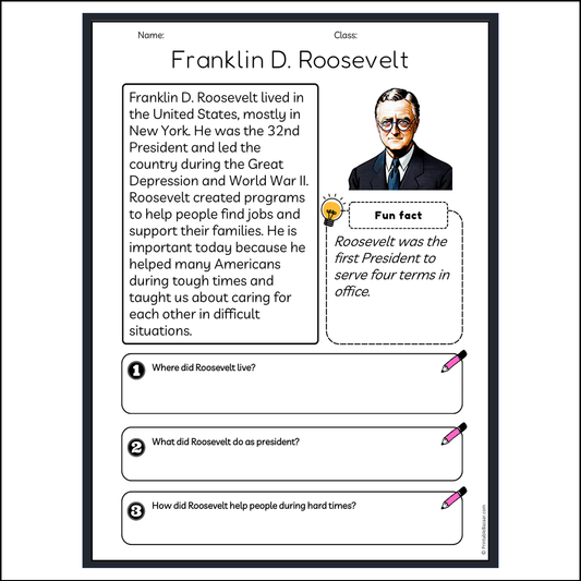 Franklin D. Roosevelt | Reading Passage Comprehension Questions Writing Facts Worksheet