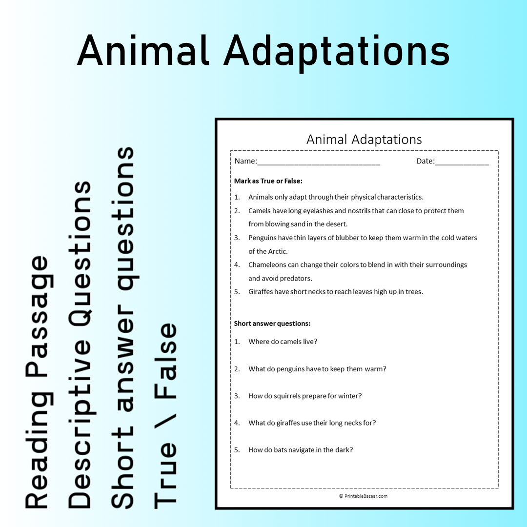 Animal Adaptations | Reading Comprehension Passage Printable Worksheet