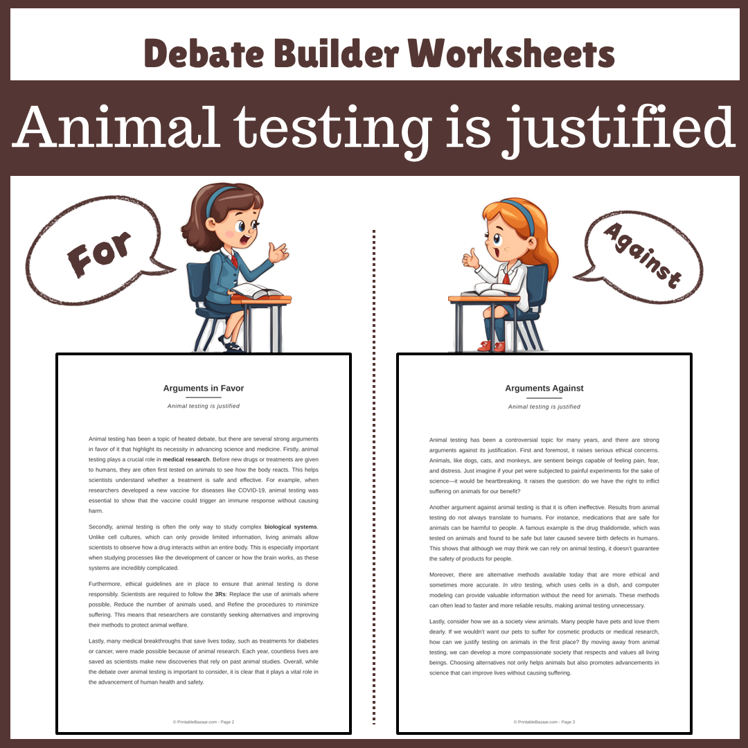 Animal testing is justified | Favour and Against Worksheet Printable Activity