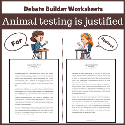 Animal testing is justified | Favour and Against Worksheet Printable Activity
