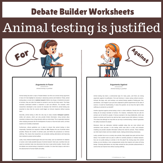 Animal testing is justified | Favour and Against Worksheet Printable Activity