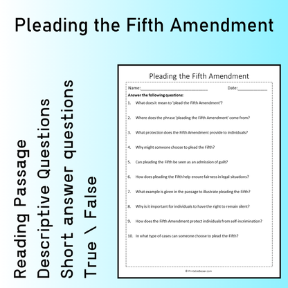 Pleading the Fifth Amendment | Reading Comprehension Passage Printable Worksheet