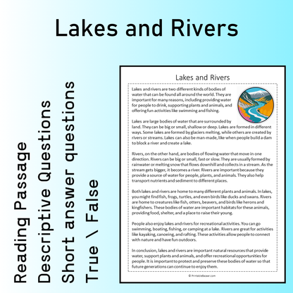 Lakes and Rivers | Reading Comprehension Passage Printable Worksheet