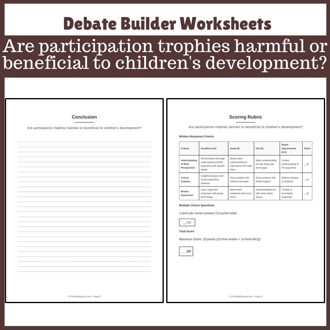 Are participation trophies harmful or beneficial to children's development? | Favour and Against Worksheet Printable Activity
