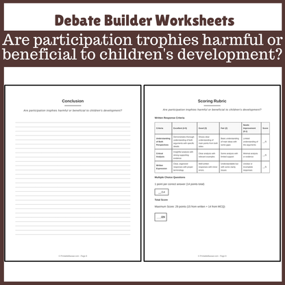 Are participation trophies harmful or beneficial to children's development? | Favour and Against Worksheet Printable Activity
