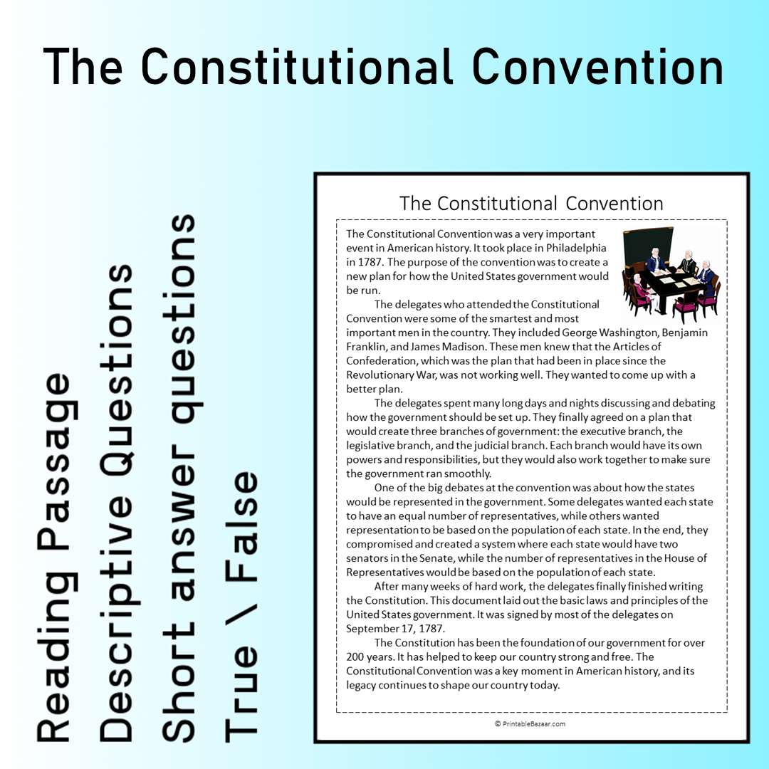 The Constitutional Convention | Reading Comprehension Passage Printable Worksheet