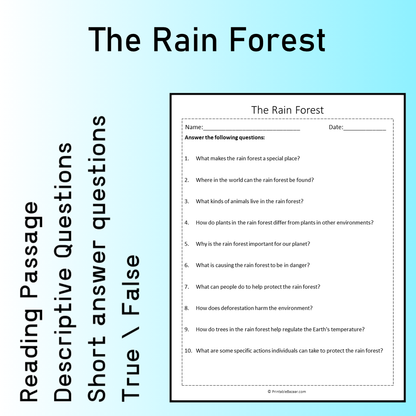 The Rain Forest | Reading Comprehension Passage Printable Worksheet