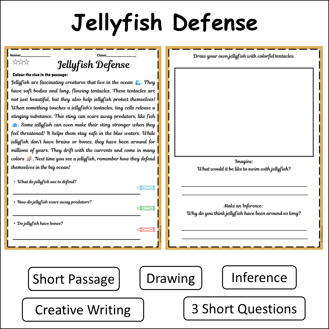 Jellyfish Defense | Short Reading Comprehension Creative Worksheet