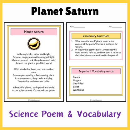 Planet Saturn | Science Poem Reading Comprehension Activity