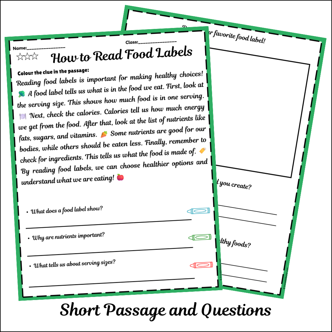 How to Read Food Labels | Short Reading Comprehension Creative Worksheet