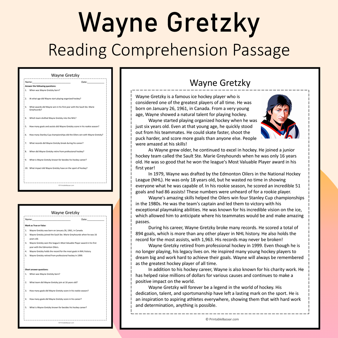 Wayne Gretzky | Reading Comprehension Passage Printable Activity