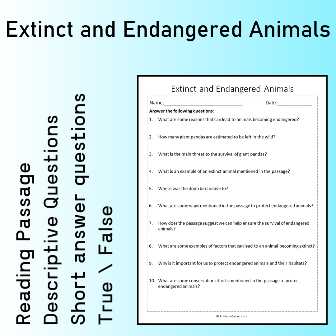 Extinct and Endangered Animals | Reading Comprehension Passage Printable Worksheet