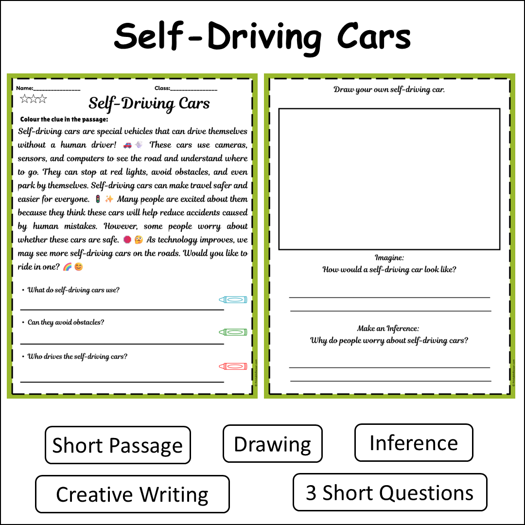 Self-Driving Cars | Short Reading Comprehension Creative Worksheet