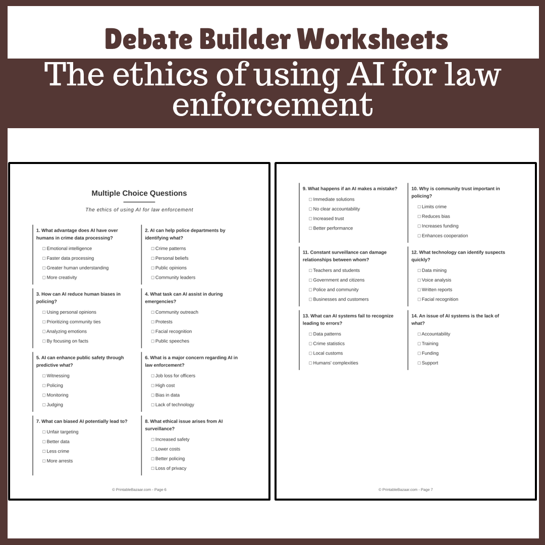 The ethics of using AI for law enforcement | Favour and Against Worksheet Printable Activity