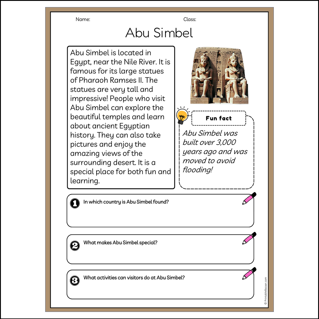 Abu Simbel | Reading Passage Comprehension Questions Writing Facts Worksheet