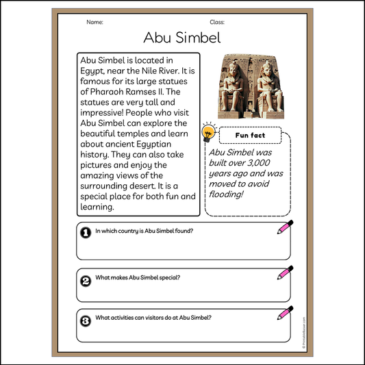 Abu Simbel | Reading Passage Comprehension Questions Writing Facts Worksheet