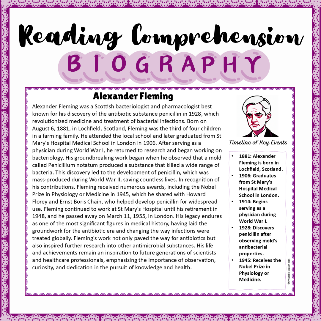 Alexander Fleming | Biography Reading Comprehension and Questions Worksheet