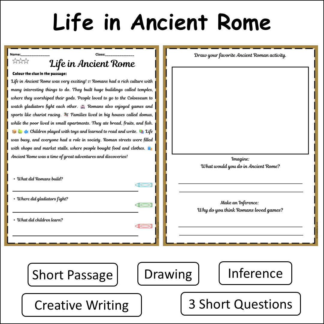 Life in Ancient Rome | Short Reading Comprehension Creative Worksheet