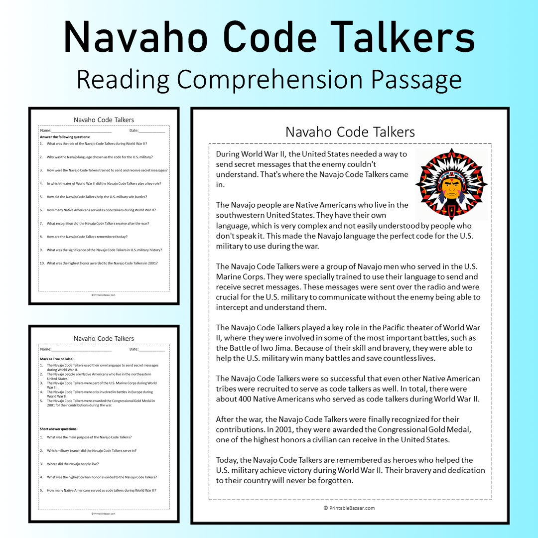 Navaho Code Talkers | Reading Comprehension Passage Printable Worksheet