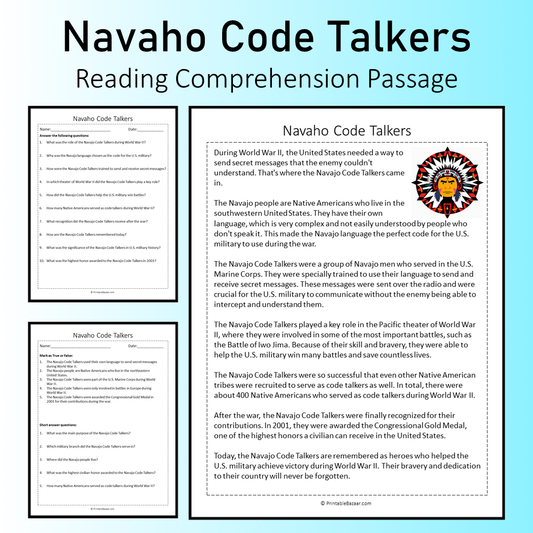 Navaho Code Talkers | Reading Comprehension Passage Printable Worksheet