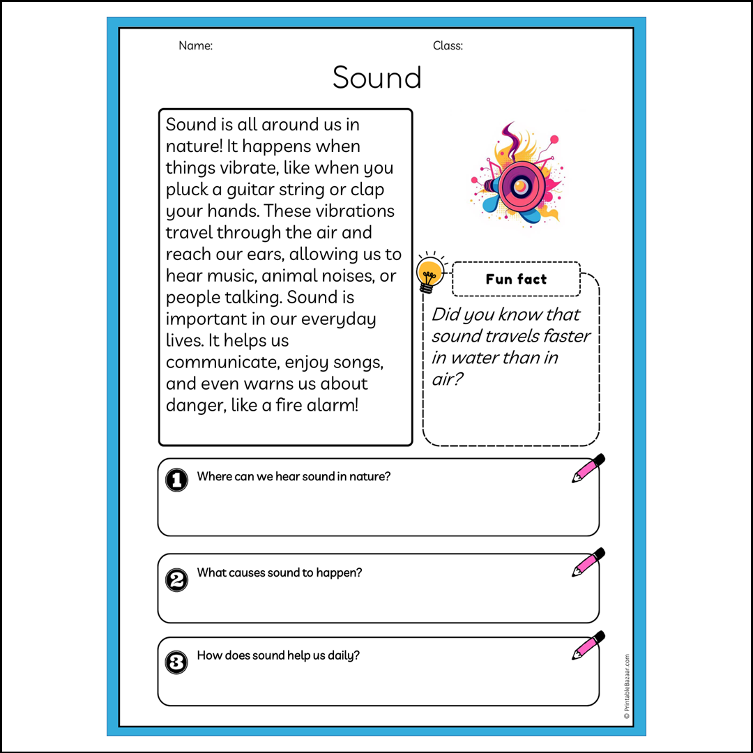 Sound | Reading Passage Comprehension Questions Writing Facts Worksheet