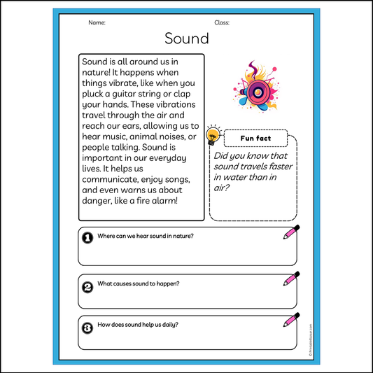 Sound | Reading Passage Comprehension Questions Writing Facts Worksheet