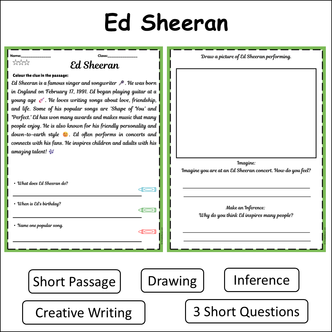 Ed Sheeran | Short Reading Comprehension Creative Worksheet