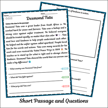 Desmond Tutu | Short Reading Comprehension Creative Worksheet
