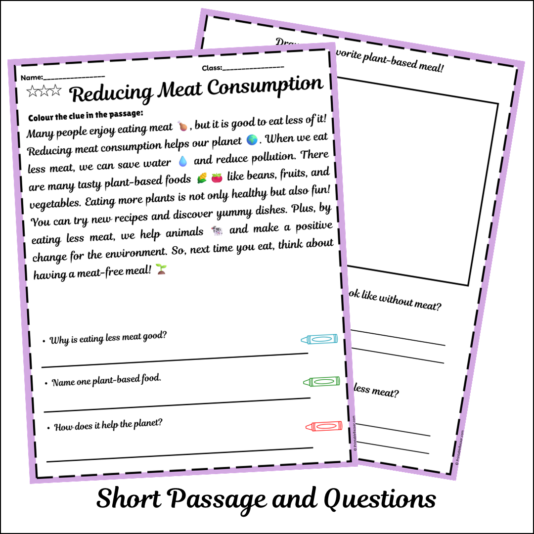 Reducing Meat Consumption | Short Reading Comprehension Creative Worksheet