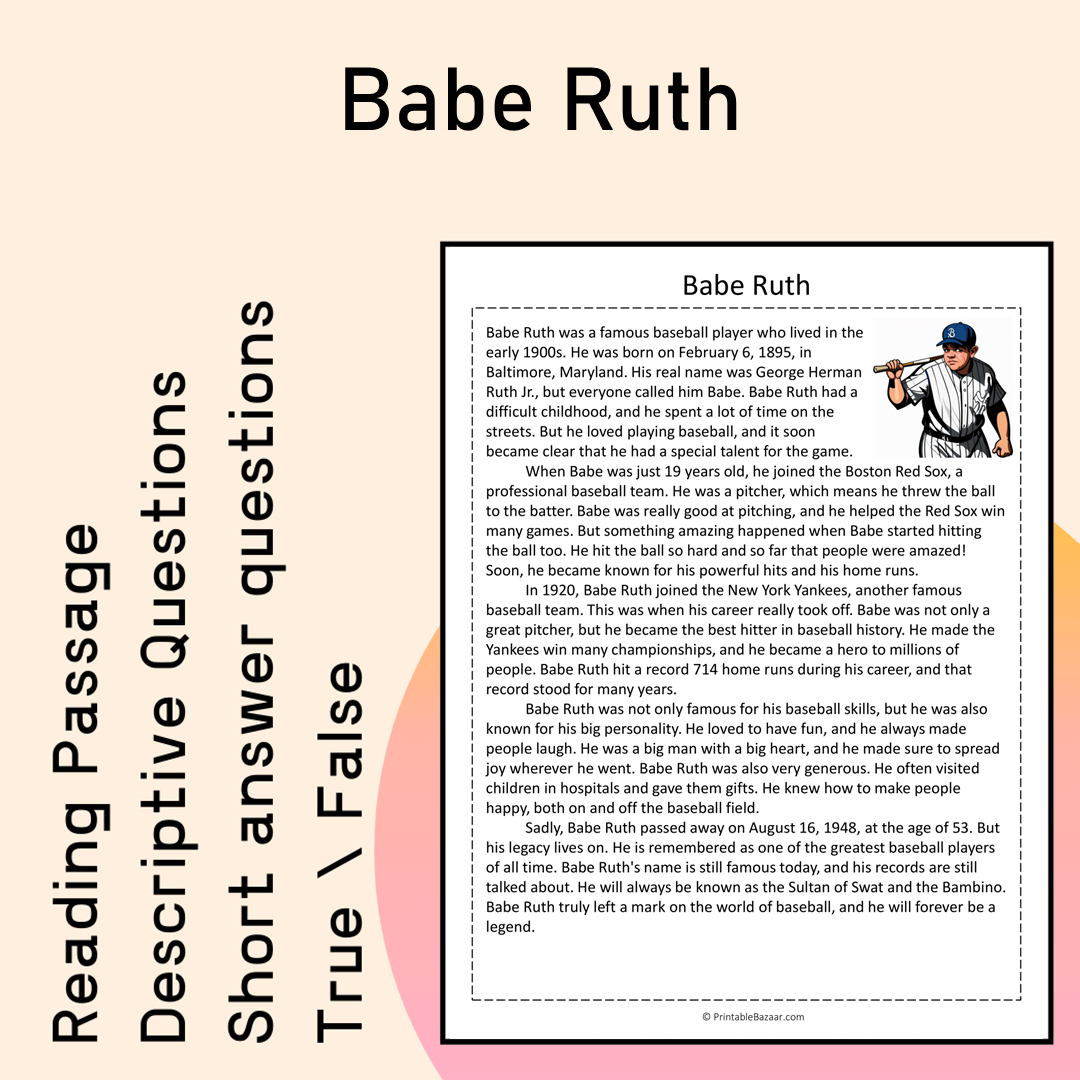 Babe Ruth | Reading Comprehension Passage Printable Activity