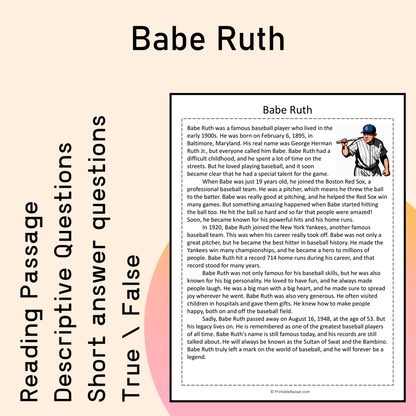 Babe Ruth | Reading Comprehension Passage Printable Activity
