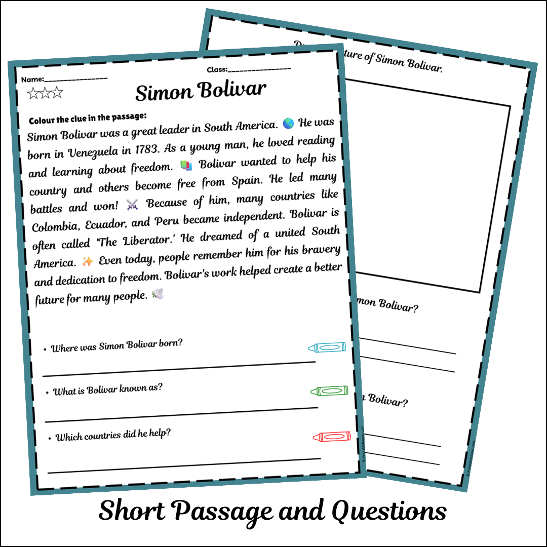 Simón Bolívar | Short Reading Comprehension Creative Worksheet