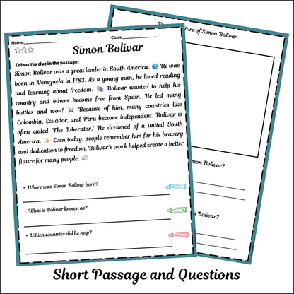 Simón Bolívar | Short Reading Comprehension Creative Worksheet