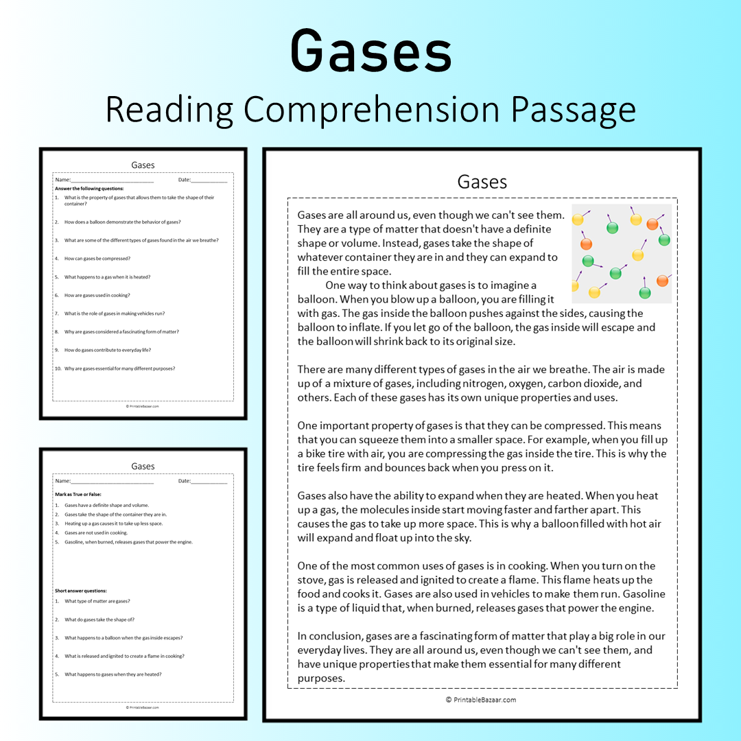 Gases | Reading Comprehension Passage Printable Worksheet