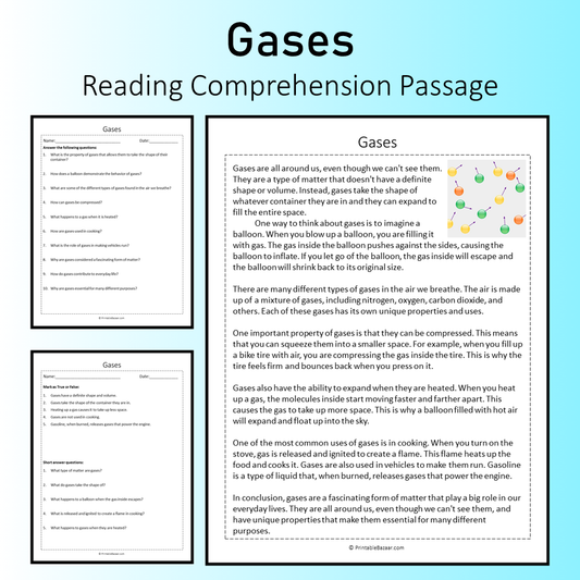 Gases | Reading Comprehension Passage Printable Worksheet