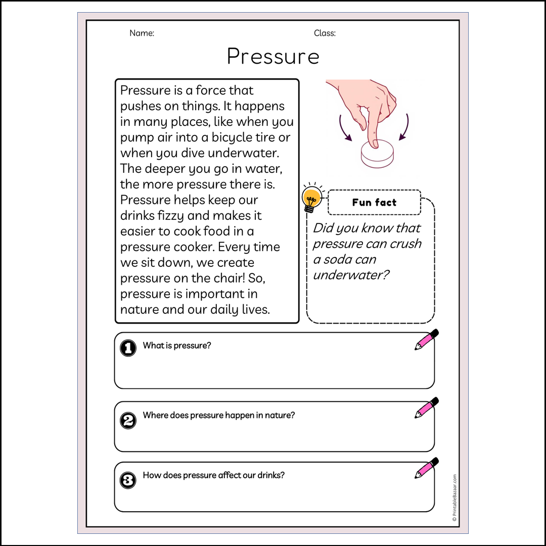 Pressure | Reading Passage Comprehension Questions Writing Facts Worksheet