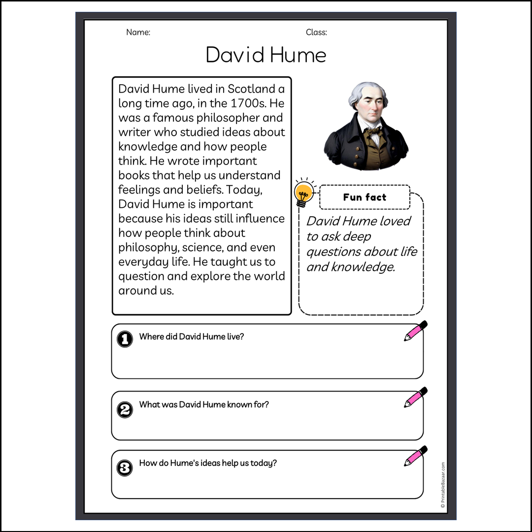 David Hume | Reading Passage Comprehension Questions Writing Facts Worksheet