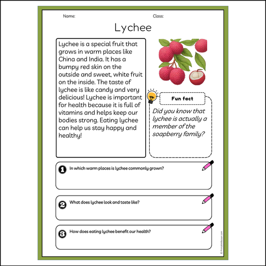 Lychee | Reading Passage Comprehension Questions Writing Facts Worksheet