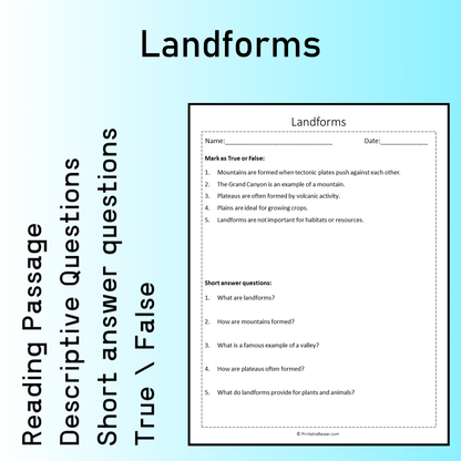 Landforms | Reading Comprehension Passage Printable Worksheet