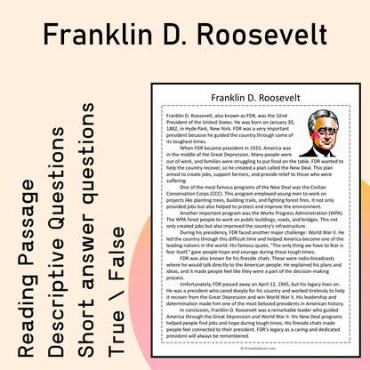 Franklin D. Roosevelt | Reading Comprehension Passage Printable Activity