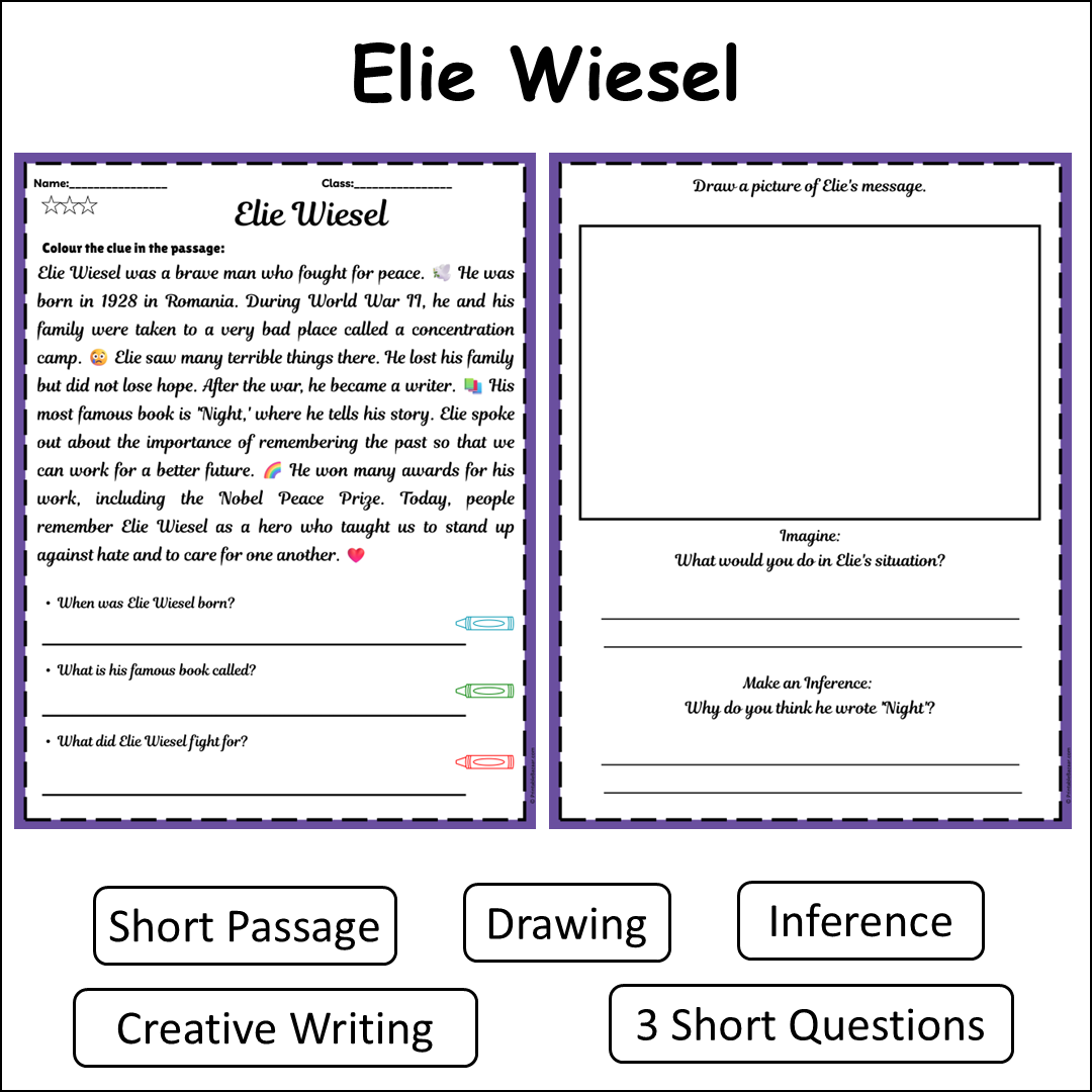Elie Wiesel | Short Reading Comprehension Creative Worksheet