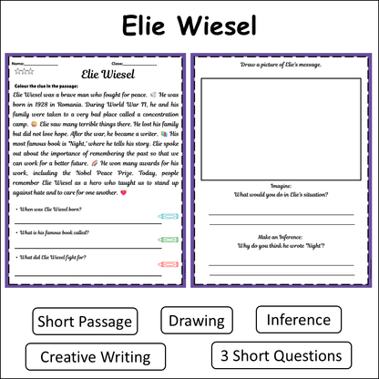 Elie Wiesel | Short Reading Comprehension Creative Worksheet