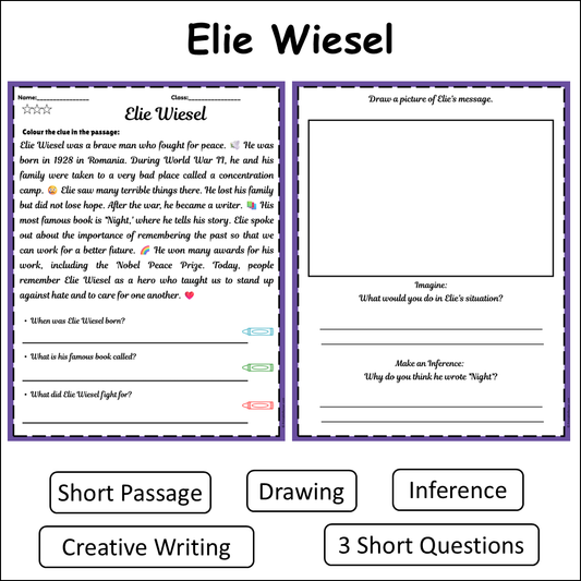 Elie Wiesel | Short Reading Comprehension Creative Worksheet
