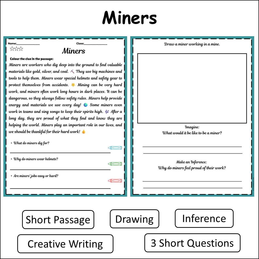Miners | Short Reading Comprehension Creative Worksheet