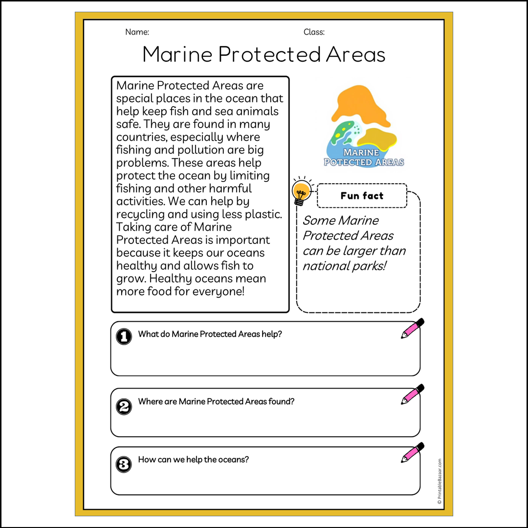 Marine Protected Areas | Reading Passage Comprehension Questions Writing Facts Worksheet